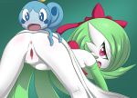  1girl all_fours ambiguous_gender anus ass female female_pokemon gardevoir kneepit mostly_nude on_all_fours open_mouth pokemon presenting_hindquarters pussy size_difference sobble zionworldartist 