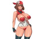  1girl aged_up breasts brunette fingerless_gloves game_freak haruka_(pokemon) heart heart_pasties huge_breasts maniacpaint may nintendo older pasties pokemon pokemon_rse simple_background smile solo solo_female solo_focus stockings 