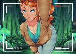  1girl bent_over big_breasts breasts camera_view clothed female female_human female_only game_freak glasses human long_hair looking_at_viewer nintendo orange_eyes pokemon seductive smile solo sonia_(pokemon) 