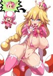  1girl 1girl big_breasts blonde_hair breasts crown gem jewelry konno_tohiro long_hair looking_at_viewer nintendo pantyhose peachette smile super_mario_bros. toadette tongue tongue_out underwear 