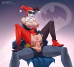  1boy 1girl anal anal_penetration anal_sex bat_signal batman batman_(series) breasts cape dc_comics exposed_breasts facepaint harley_quinn male/female pussy reverse_cowgirl_position rino99 sex spread_legs torn_clothes utility_belt 