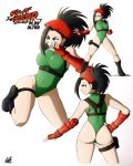  1girl alternate_costume beret black_hair cammy_white capcom cosplay fighting_stance gloves impossible_clothes kellzallday leotard long_hair momo_yaoyorozu multiple_views my_hero_academia revealing_clothes smile street_fighter 