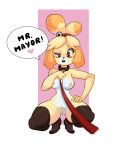  1girl 1girl 2019 alternate_version_at_source animal_crossing anthro breasts canid canine canis clothing collar crouching domestic_dog english_text furry genitals high_res isabelle_(animal_crossing) leash legwear mammal nintendo open_mouth pubes pussy shih_tzu sollarian speech_bubble stockings text toy_dog video_games 