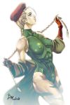  1girl abs ahoge antenna_hair b_madrid beret blonde_hair blue_eyes braid breasts cammy_white camouflage capcom clothed_navel collarbone covered_navel covered_nipples erect_nipples fingerless_gloves gloves hat highres huge_ahoge leotard long_coat long_hair muscle off_shoulder solo street_fighter thick_thighs thighs twin_braids undressing white_background 