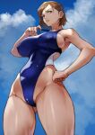 1girl alternate_breast_size armpits big_breasts bob_cut breasts brown_eyes brown_hair clothed clothed_female erect_nipples eyebrow_raise female_focus female_only flat_belly front_view gantz gritted_teeth hand_on_hip high_res high_resolution hourglass_figure huge_breasts jujutsu_kaisen kugisaki_nobara looking_to_the_side nipples nipples_visible_through_clothing one-piece_swimsuit parted_lips short_hair sideboob sky solo_female solo_focus stomach swimsuit tall thick_thighs thigh_gap thighs toned_female wide_hips yoshi55level yoshio_(55level)