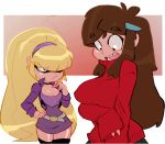  2girls aged_up belt big_breasts bigdad blonde_hair braces breast_hold breasts brown_hair cleavage eyebrows_visible_through_hair frown gravity_falls headband jealous looking_down mabel_pines pacifica_northwest sweater 