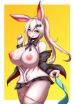  1girl 1girl 2018 5_fingers anthro areola big_breasts biped blouse blush bow_tie breasts brown_eyes clothed clothing condom eyebrows eyelashes fur furry hair holding_object lagomorph long_ears long_hair looking_at_viewer mammal nipples open_mouth open_smile panties panties_down partially_clothed pink_areola pink_nipples ponytail pussy rabbit ribbons shirt simple_background smile standing suggestive tailzkim underwear white_fur white_hair yellow_background 