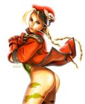  1girl ahoge alternate_costume antenna_hair ass benjamin_ang blonde_hair blue_eyes braid cammy_white capcom fingerless_gloves from_side garrison_cap gloves hat jacket leotard long_hair looking_at_viewer m_bison_(cosplay) scar side simple_background solo street_fighter street_fighter_iv thong_leotard twin_braids vega vega_(cosplay) white_background 