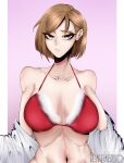  1girl 1girl 1girl alternate_breast_size alternate_version_available artist_name bare_shoulders big_breasts big_breasts bob_cut bra breasts brown_eyes brown_hair christmas cleavage clothed_female_nude_male female_focus female_only jacket_removed jso jujutsu_kaisen kugisaki_nobara long_eyelashes looking_at_viewer navel pink_background plain_background presenting shirtless short_brown_hair short_hair solo_female solo_focus stomach undressing upper_body watermark 