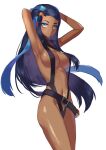 1girl 1girl alluring armpits arms_behind_head arms_up athletic_female bare_arms bare_shoulders belt belt_buckle black_hair black_swimsuit blue_eyes blue_hair blush breasts buckle cleavage cosplay cowboy_shot creatures_(company) dark-skinned_female dark_skin earrings eyeshadow fit_female forehead game_freak high_res hoop_earrings jewelry long_hair makeup medium_breasts misty_(pokemon) misty_(pokemon)_(cosplay) moroes multicolored_hair nessa_(pokemon) nintendo parted_lips pokemon pokemon:_the_electric_tale_of_pikachu pokemon_(game) pokemon_swsh simple_background slingshot_swimsuit smile stomach swimsuit thighs two-tone_hair very_long_hair white_background 