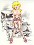 1girl american_flag_print beetle_bailey big_breasts blonde_hair breasts car colored_pencil_(medium) female_only looking_at_viewer miss_buxley newspaper_comic_strip nipples partially_colored sitting sitting_on_car solo_female topless topless_female traditional_media_(artwork) vehicle wcpope