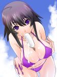  1girl ahoge ayamine_kei bent_over between_breasts bikini black_hair breast_hold breasts cleavage crossed_arms erect_nipples huge_breasts leaning_forward long_hair melting mouth_hold muv-luv muvluv outdoors outside popsicle purple_eyes sexually_suggestive shinama side-tie_bikini solo swimsuit 