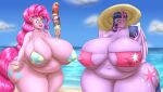  2_girls anthro beach belly_bulge belly_expansion bikini blues64 gigantic_ass gigantic_breasts marauder6272 my_little_pony pinkie_pie twilight_sparkle 