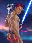  1_boy 1boy abs artist_request ass belt big_ass blue_eyes butt cal_kestis cameron_monaghan droid holding_object human jedi lightsaber looking_at_viewer male male_human male_only mostly_nude naked nude nude_male nudity orange_hair partially_clothed pecs rain redhead scar scars short_hair star_wars star_wars_jedi:_fallen_order uncensored weapon 