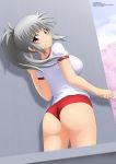  1girl big_ass big_breasts exercise female female_only huge_breasts kanna_albeecht looking_at_viewer red_eyes red_shorts shorts solo standing zel-sama 