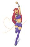  1girl boots breasts closed_eyes dc dc_comics denchuubou fist_pump full_body gorget heart heart_background long_hair medium_breasts midriff miniskirt navel open_mouth purple_footwear purple_skirt red_hair sidelocks skirt sleeveless smile standing standing_on_one_leg starfire stockings teen_titans thigh_high_boots white_background 