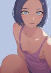  1girl 1girl 1girl areola bare_shoulders blue_background blue_eyes blue_hair bob_cut breast_slip breasts clavicle close-up dark_blue_hair down_blouse erect_nipples erect_nipples_under_clothes forehead high_resolution knee_up lips looking_at_viewer mebae mole mole_under_mouth nipple_slip nipples no_bra open_mouth original parted_lips pettanko pink_shirt shirt short_hair short_shorts shorts simple_background sleeveless small_breasts tan_skin tank_top 