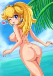  1_girl 1girl ass beach blue_eyes breasts crown earrings female female_only looking_at_viewer nude one_eye_closed outdoor outdoor_nudity outside princess_peach royalty sideboob sigurdhosenfeld solo standing super_mario_bros. 