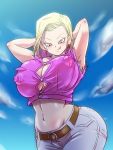  1girl android_18 bursting_breasts dragon_ball dragon_ball_z erect_nipples female_only huge_breasts nipple_bulge rickert_kai solo_female wide_hips yellow_hair 