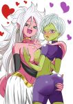  2_girls android_21 ass_grab big_breasts cheelai dragon_ball dragon_ball_fighterz dragon_ball_super dragon_ball_super_(the_movie_of_broly) female_only green_skin pink_skin symmetrical_docking white_hair 