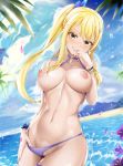  1girl 1girl 1girl akais akaisu big_breasts bikini_pull blonde blue_nails blush breasts brown_eyes clavicle contentious_content day fairy_tail hair_ornament hairclip high_resolution long_hair looking_at_viewer lucy_heartfilia navel nipples o-ring outside ponytail purple_bikini_bottom smile tied_hair very_high_resolution water 