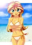  1girl bra equestria_girls female female_only friendship_is_magic long_hair looking_at_viewer mostly_nude my_little_pony panties side-tie_panties solo standing striped_bra striped_panties sunset_shimmer sunset_shimmer_(eg) uotapo 