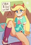  1girl blonde_hair blue_eyes bottomless clothed comic dress dress_lift female female_only long_hair no_panties pussy solo star_butterfly star_vs_the_forces_of_evil 