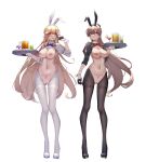  1girl 2_girls alternative_costume animal_ears azur_lane bangs big_breasts black_footwear black_gloves black_legwear blonde_hair blue_bow blue_bowtie blue_neckwear blush bow bowtie breasts brown_hair bunny_ears cleavage clothing earrings eyebrows_visible_through_hair fake_animal_ears fanart_from_pixiv food footwear gloves gluteal_fold half_gloves high_heels high_resolution holding holding_drink holding_food holding_object holding_tray inverted_bunnysuit inverted_costume jean_bart_(azur_lane) jewelry legwear long_hair multiple_girls navel nipples one_arm_up pantyhose pink_eyes plain_background pubic_tattoo pussy red_bow red_bowtie red_neckwear richelieu_(azur_lane) shoes simple_background stockings strapless tattoo thigh_gap thighband_pantyhose tray v very_high_resolution white_background white_collar white_footwear white_legwear white_stockings womb_tattoo wrist_cuffs wsfw 
