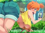  1girl all_fours ass blush boris_(noborhys) breasts female female_human hanging_breasts kasumi_(pokemon) looking_at_viewer misty nipples no_bra on_all_fours orange_hair outdoor outside pokemon pokemon_character shorts 