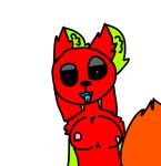  1girl animatronic green_fur nude_female orange_eyes purple_eyes red_fur 