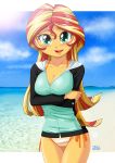  1girl equestria_girls female female_only friendship_is_magic long_hair looking_at_viewer my_little_pony panties partially_clothed side-tie_panties solo standing striped_panties sunset_shimmer sunset_shimmer_(eg) uotapo 