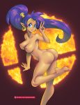  1girl 5_toes 5girls ass barefoot blue_eyes completely_nude earrings long_hair nipples no_shoes nude pointy_ears purple_hair shantae shantae_(character) smile solo_female super_smash_bros. supersatanson 