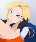  1girl android_18 anime blonde_hair blue_eyes clothed cum cum_in_mouth cum_inside dragon_ball_z earrings fellatio female gloves hentai krillin looking_up male merunyaa necklace straight 
