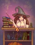  1girl bra_removed breasts brown_eyes brown_hair female female_human female_only harry_potter hat hermione_granger human long_hair naked_hat nude solo striped_bra witch_hat 