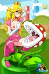  1girl blonde_hair blue_eyes breasts crown dress dress_lift earrings female female_human gloves hairless_pussy hizzacked interspecies long_gloves long_hair no_bra no_panties outdoor outside partially_clothed pink_dress piranha_plant plant princess_peach sex stockings super_mario_bros. vaginal vaginal_penetration vaginal_sex vines white_gloves 