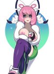  1girl big_breasts blue_eyes breasts crossed_legs_(sitting) exposed_breasts female female_human female_only holding_poke_ball human klara_(pokemon) looking_at_viewer no_bra partially_clothed pokeball pokemon pokemon_sword_&amp;_shield sitting solo stretchnsin 