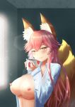 1girl 1girl 1girl animal_ear_fluff animal_ears artist_request big_breasts blush breasts breasts_out_of_clothes clavicle coffee coffee_mug cup eyebrows_visible_through_hair fate/extella fate/extra fate/grand_order fate_(series) fox_girl fox_tail heart high_resolution kitsunemimi light_smile looking_at_viewer mug nipples open_clothes open_shirt pink_hair tail tamamo_no_mae_(fate) yellow_eyes 