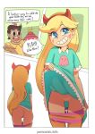  1boy 1girl ass blonde_hair blue_eyes bottomless brown_hair clothed comic dress dress_lift female long_hair panties_down pussy rafael_diaz star_butterfly star_vs_the_forces_of_evil thigh_gap 