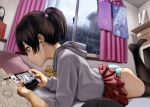  1girl accidental_exposure ass_focus black_legwear exposed_panties female_only gamer_girl green_underwear high_resolution holding_object non-nude on_bed on_stomach pantyshot playing_games rain skirt_lift 