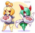  2_girls animal_crossing cosplay crossover isabelle_(animal_crossing) kirlia nintendo nipples pokemon pokemon_rse safe uzaki-chan_wa_asobitai! uzaki_hana uzaki_hana_(cosplay) 