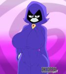  1girl 1girl 2020 big_breasts big_breasts breasts cartoon_network cloak curvaceous curvy curvy_figure dc_comics dc_comics erect_nipples female_only grey_skin grin huge_breasts looking_at_viewer okioppai purple_eyes raven_(dc) smiling_at_viewer teen_titans teen_titans_go thick_legs thick_thighs voluptuous 