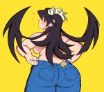  1girl ass back backboob big_ass big_breasts big_breasts black_hair blush breasts chubby clothes embarrassed embo eye_contact facing_away filia_(skullgirls) from_behind half-closed_eyes huge_ass jeans large_ass long_hair looking_back pants pantylines parasite red_eyes samson_(skullgirls) sketch skullgirls sweat thick_thighs thigh_gap tight_jeans tight_pants topless wide_hips yellow_background 