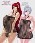  1girl 2_girls big_breasts breasts dress female_only inverted_nipples lingerie multiple_girls negligee nipples pubic_hair pussy pyrrha_nikos red_hair rwby sass_master_comments see-through simple_background sinccubi text weiss_schnee white_hair 