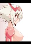 1girl bangs breasts cougar1404 dragon:_marked_for_death empress_(dmfd) eyebrows_visible_through_hair facial_scar hair_ornament huge_breasts in_profile letterboxed nipples nude scar short_hair topless upper_body white_background white_hair