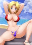  1girl beach big_breasts bikini blue_eyes blue_mary breasts cameltoe fatal_fury female female_only hands_behind_head king_of_fighters looking_at_viewer mostly_nude nipples patreon short_hair solo spread_legs yukino_memories zel-sama 
