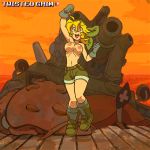 1girl 2020 animated areola artist_name bandanna belt blonde_hair boots bouncing_breasts breasts cheering eri_kasamoto female_only gif gloves hair happy human jumping metal_slug nipples open_mouth orange_eyes outside pants patreon shorts snk solo_focus squid sunset tank tongue topless twistedgrim