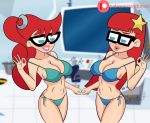  2_girls 2girls bespectacled big_breasts bikini breasts duo female female_only glasses indoors johnny_test long_hair long_red_hair looking_at_another looking_at_breasts mary_test mostly_nude ok_sign raydonxd red_hair redhead siblings side-tie_bikini_bottom sister_and_sister sisters standing susan_test twins 