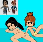  2_girls acorn_hair anal anal_beads anal_fingering black_eyes black_hair cyan_background freckles looking_at_each_other pussy_juice roblox roblox_avatar vibrator vibrator_in_pussy yuri 