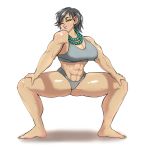  1girl abs barefoot breasts embo feet gray_hair gym_clothes huge_breasts kissy_face miss_ember_(cinders) muscle muscular muscular_female naughty_face necklace seductive seductive_smile smile squatting stretching thick_thighs thighs wink workout yellow_eyes 