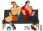  2boys beauty_and_the_beast crossover cum disney duct_tape gaston hercules hercules_(character) huge_penis kappax_(artist) mouth_closed muscle sweating tied_hands yaoi 